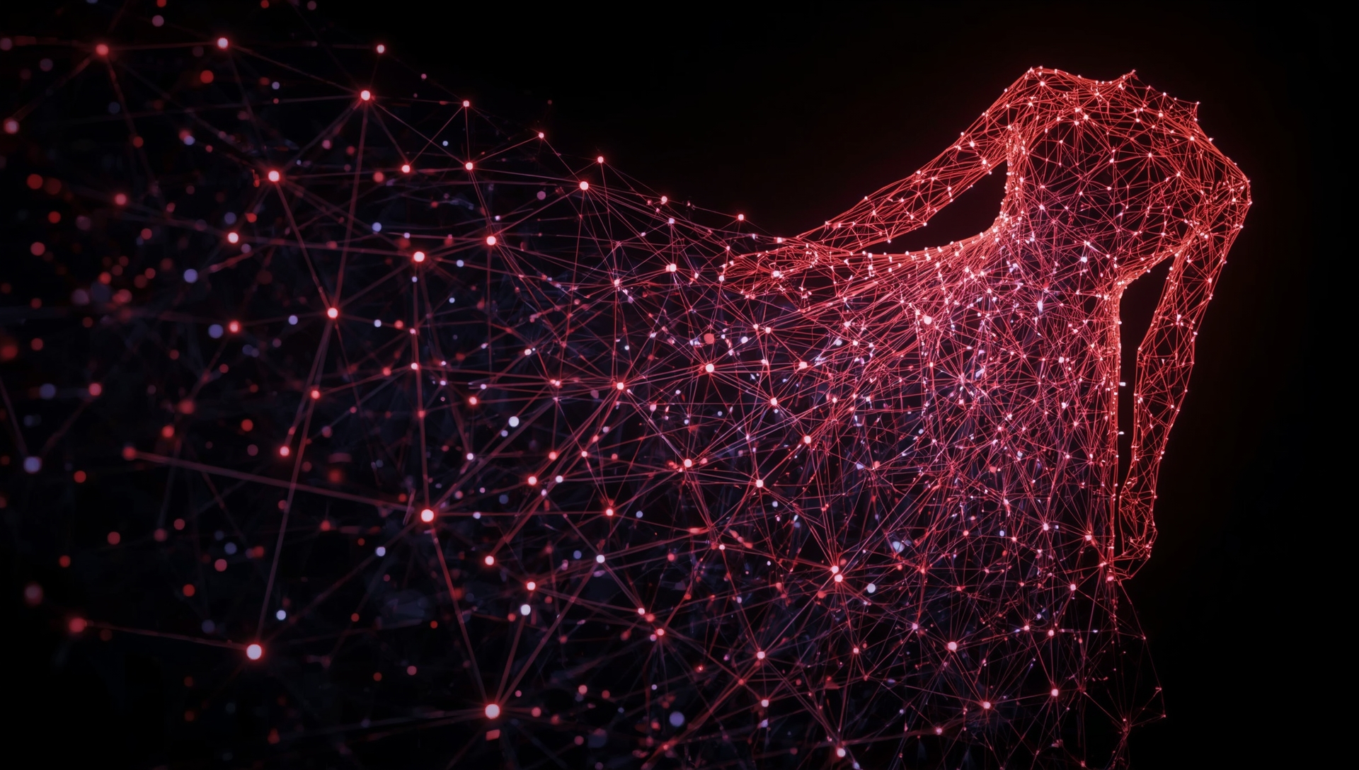 یک گرافیک کامپیوتری که شبکه‌ای از نقاط داده متصل به هم را نشان می‌دهد که در نهایت به تصویری از یک لباس مد روز تبدیل می‌شود.