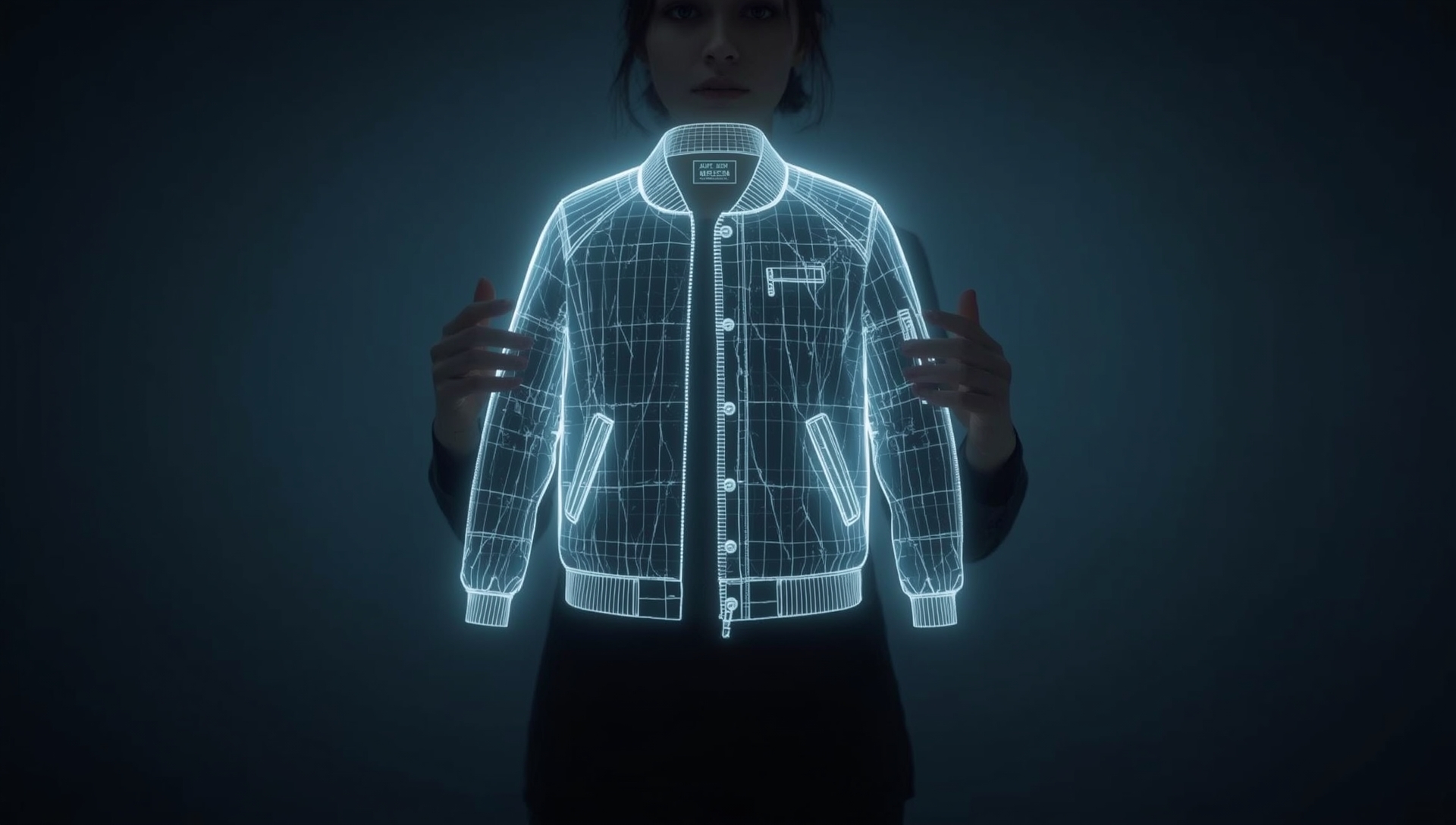 فردی در یک اتاق مینیمالیستی و تاریک در حال تعامل با یک رابط کاربری هولوگرافیک درخشان برای طراحی یک لباس سه‌بعدی سفارشی است. دستان او در حال دستکاری مدل وایرفریم و شناور یک ژاکت هستند. صحنه سینمایی و آینده‌نگرانه است.