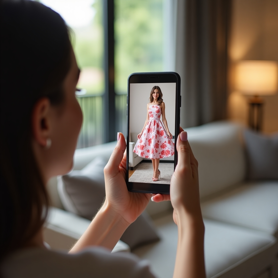 صحنه‌ای واقع‌گرایانه از فردی که در حال استفاده از گوشی هوشمند برای پرو مجازی است. یک لایه واقعیت افزوده روی صفحه گوشی، مدل سه‌بعدی یک لباس گلدار را نشان می‌دهد که کاملاً بر روی تصویر زنده او منطبق شده است. محیط، یک فضای نشیمن مدرن است.